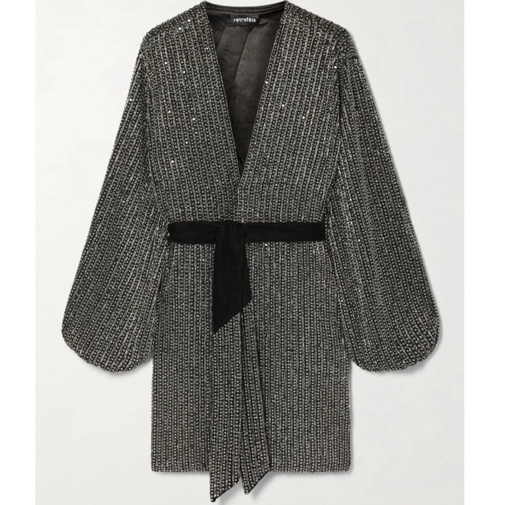 RETROFETE Gabrielle Velvet-trimmed Beaded Chiffon Mini Wrap Dress in Silver - Picture 7 of 9